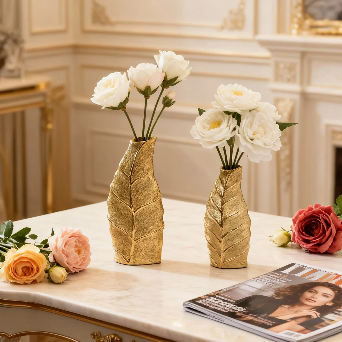 CAPIRON Gold Leaf Vein Ceramic Vase Set Modern Luxury Flower Pot Nordic Style Home Table Centerpiece Office Decor