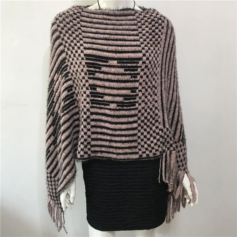 Frühling Herbst neue V-Ausschnitt Diamant streifen Quaste Umhang weibliche Pullover Frauen stricken Poncho Cape Pullover Schal rosa