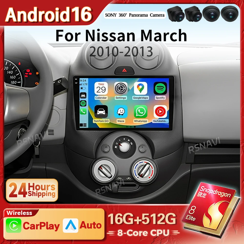 Qualcomm Snapdragon Android 16 Carplay Auto For Nissan March Micra 2010 2011 - 2013 Car Radio Wireless Player Navigation WIFI