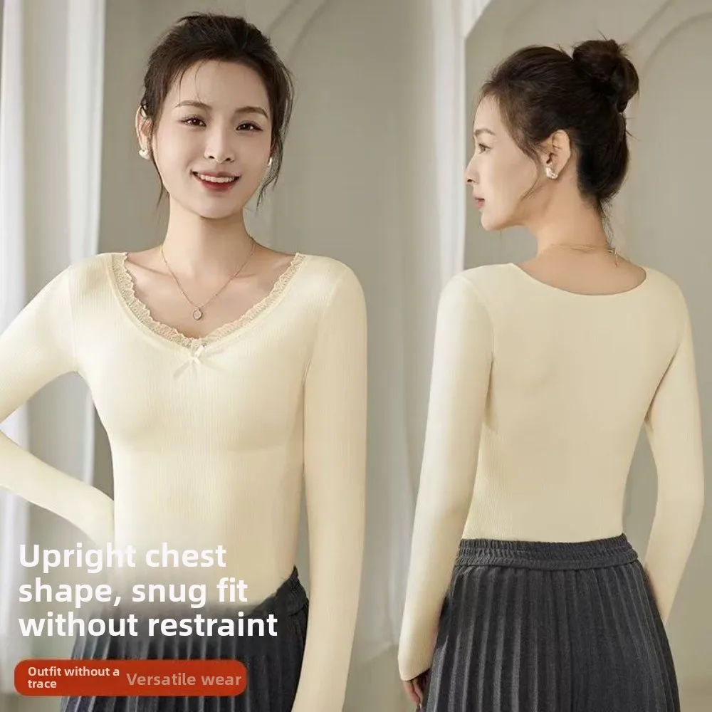 Lace Women Wool Thermal Clothes Invisible V Neck Thermal Underwear Feel Heating Lingerie Warmth Long Tops Lady