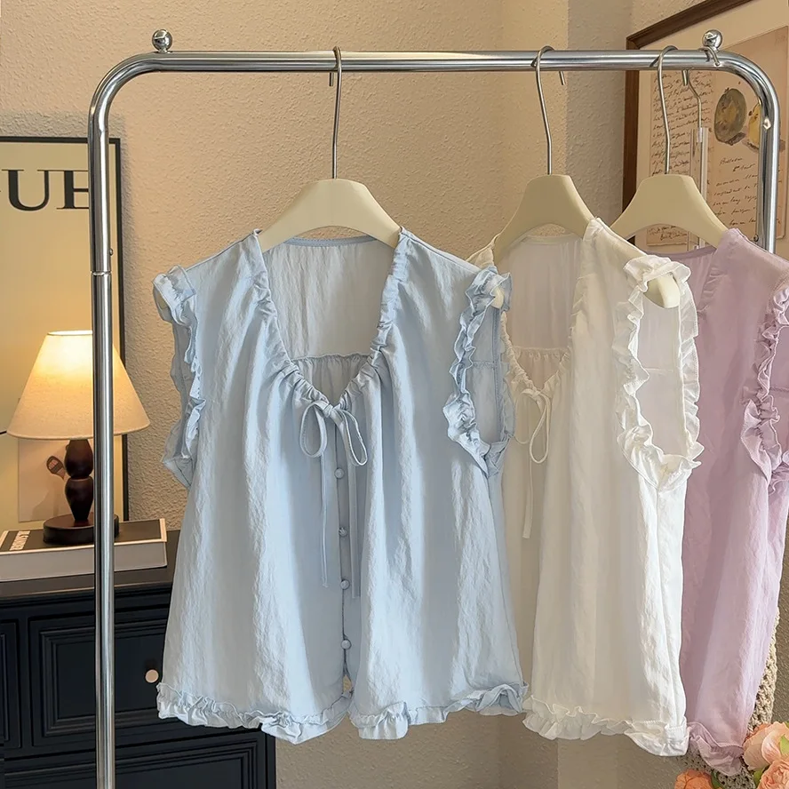 Camicia estiva da donna dolce nuovo stile con top capispalla ampio ed elegante con design a cordoncino con bordo fungo francese