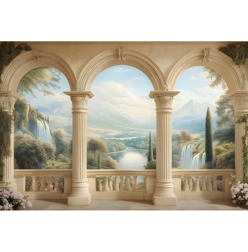 Vintage Palace Pillar Nature Landscape Backdrop Wedding Bridal Portrait Holiday Party Photography Background Decor Photo Studio