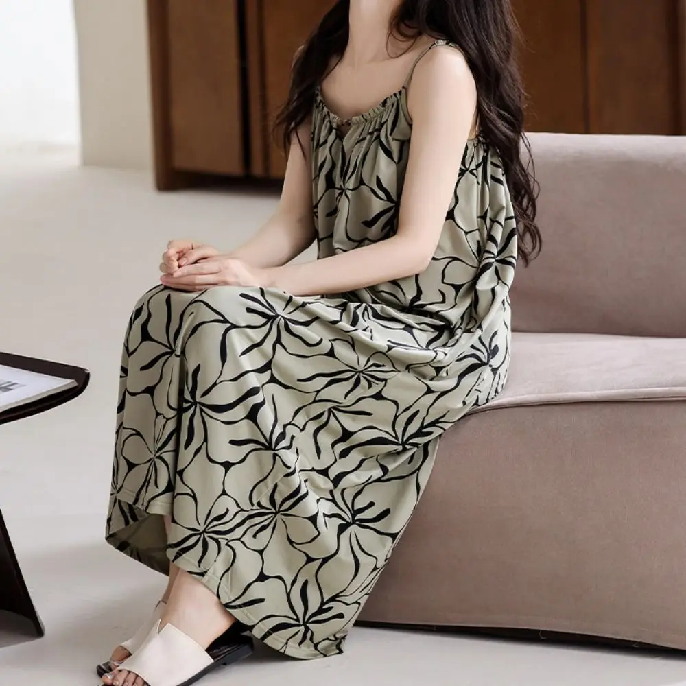 

Casual Modal Women's Pajama Dress Ruffle Flower Suspender Nightdress Sleepwear Sleeveless Sling Nightgown with Pads Girls