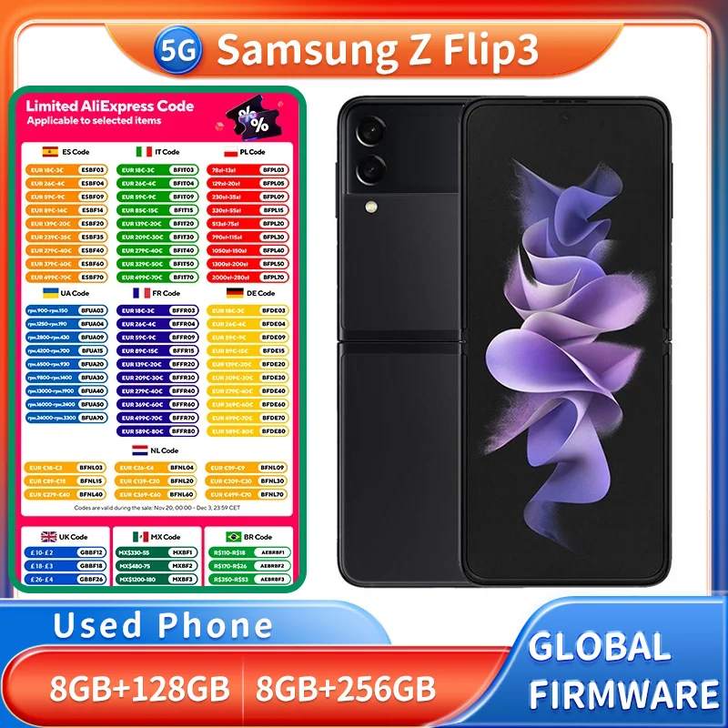 هاتف Samsung Galaxy Z Flip3 5G 6.7 بوصة 120 هرتز CPU Qualcomm Snapdragon 888 3300mAh 12MP كاميرا مستعملة
