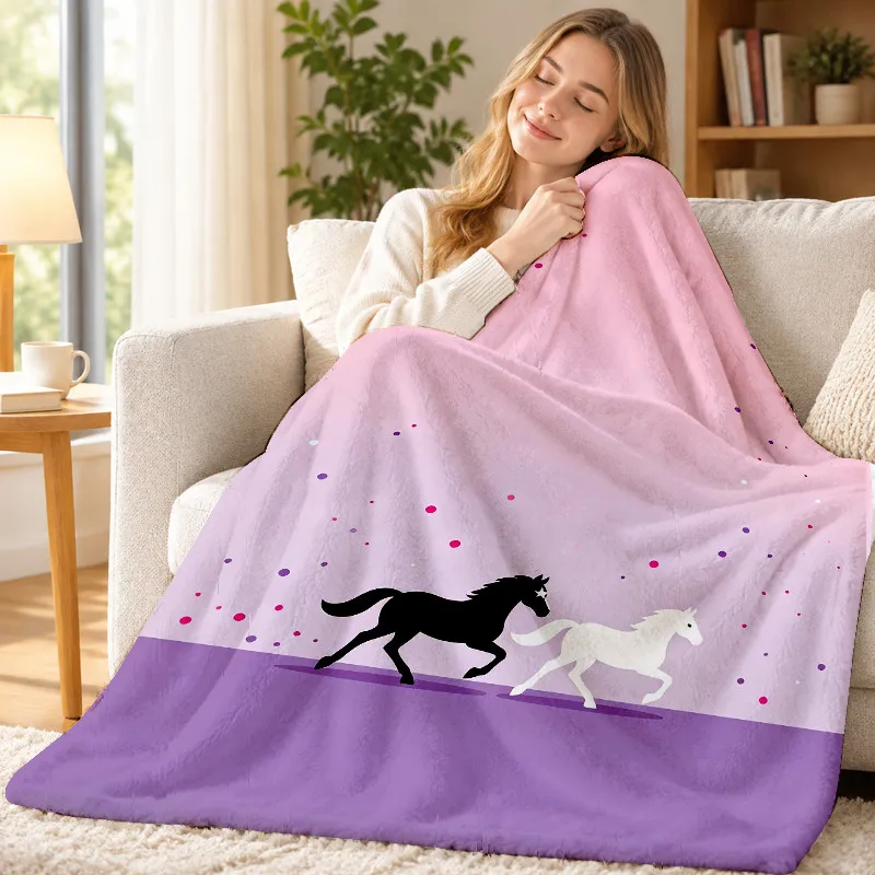 Elegant Horse Throw Blanket Pink‑Purple Gradient Confetti Dual Running Horse Soft Flannel for Window Sofa Lap Home Decor Gift