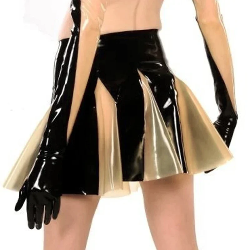 

Black And Transparent Sexy Mini Swing Latex Skirts With Trims Rubber Bottoms handmade clubwear