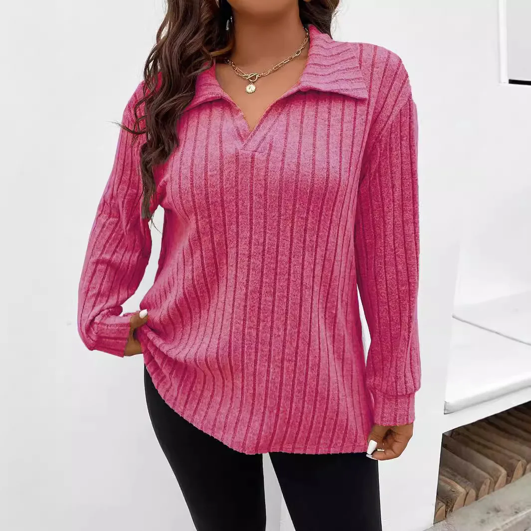 Autumn and Winter New Solid Color Women's Top V-neck Lapel Long Sleeve Ribbed Brushed T-shirt Loose 2025