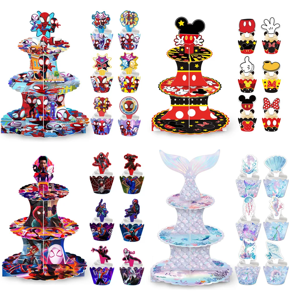 

3 Tier Minnie Cake Stand Cartoon Mickey Cupcake Paper Mask Party Decorations Cake Showcase Tower Cupcake Toppers Set