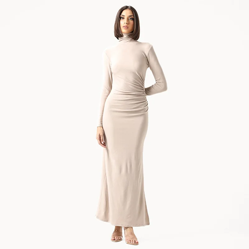 Trendy And Fashionable 2024 Autumn And Winter New Long-sleeved Slim Long Skirt Dress Round Neck Women's Solid Color