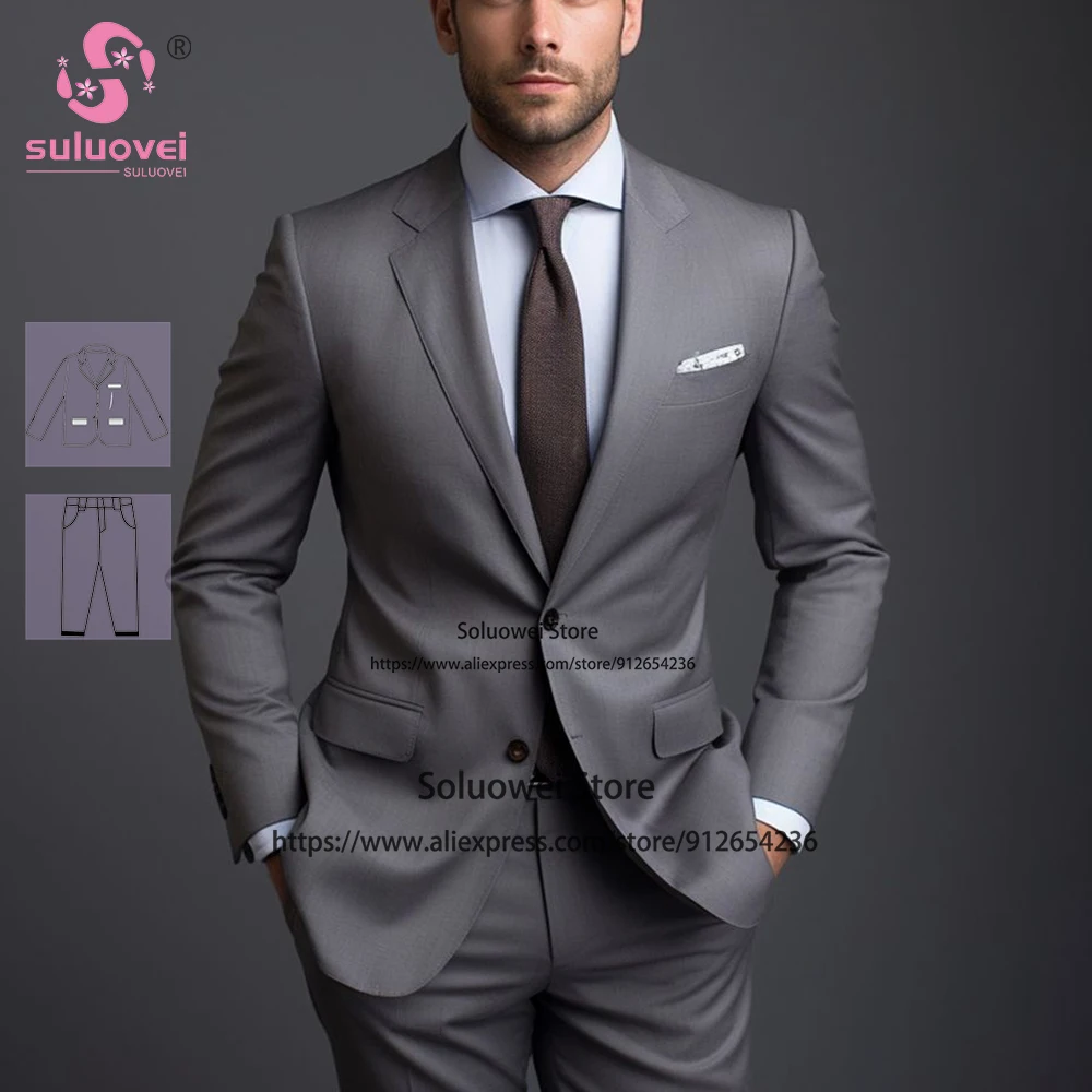 

Classic Grey Slim Fit Suits For Men Custom Made 2 Piece Pants Set Prom Groom Wedding Notch Lapel Tuxedo Terno Masculino Completo