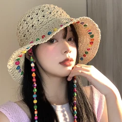 Ins Retro Pastoral Style Colored Wood Bead Chain Bucket Hats Women Summer Breathable Big Brim Sun Protection Versatile Sun Hat