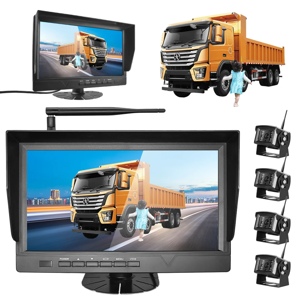 10 Inch AHD 4 Channel Truck Dash Cam with Backup Camera, AI BSD  Waterproof Night Vision, Wireless Monitor for Caravan/RV/Bus