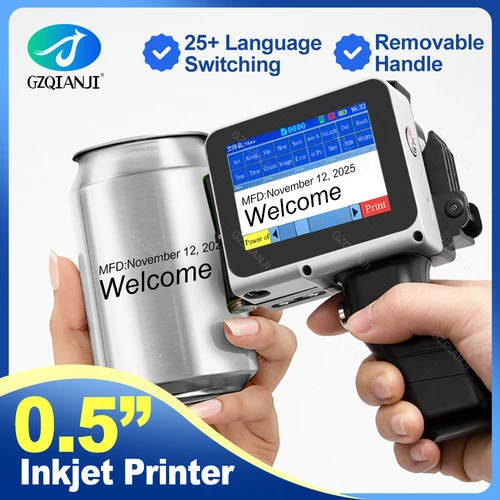 Mini impresora de inyección de tinta de 12,7mm con empuñaduras, máquina portátil de codificación de 28 idiomas para etiquetas de texto de plástico, número de lote, fecha, impresión de logotipo