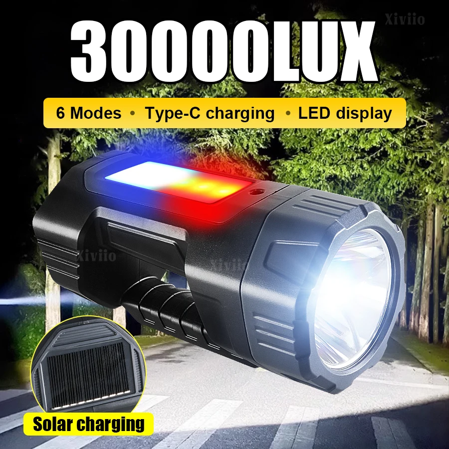 

30000LM Солнечный светодиодный портативный прожектор Многофункциональный перезаряжаемый уличный прожектор Tpye-c с боковой лампой COB Рабочий свет для кемпинга