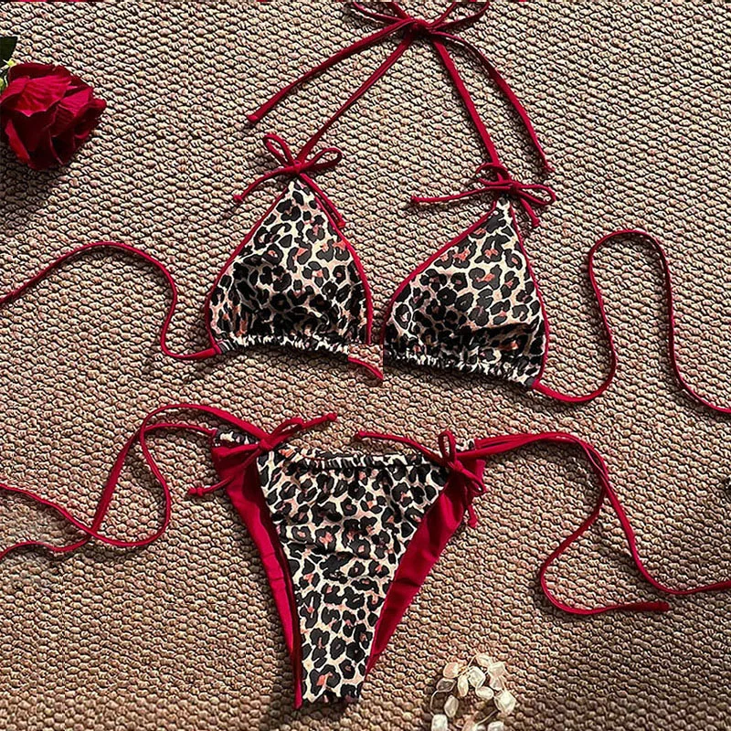 

Сексуальный леопардовый купальник-бикини для женщин, комплект из трех предметов с эффектом пуш-ап, низкой посадкой и открытой спиной, летняя пляжная одежда