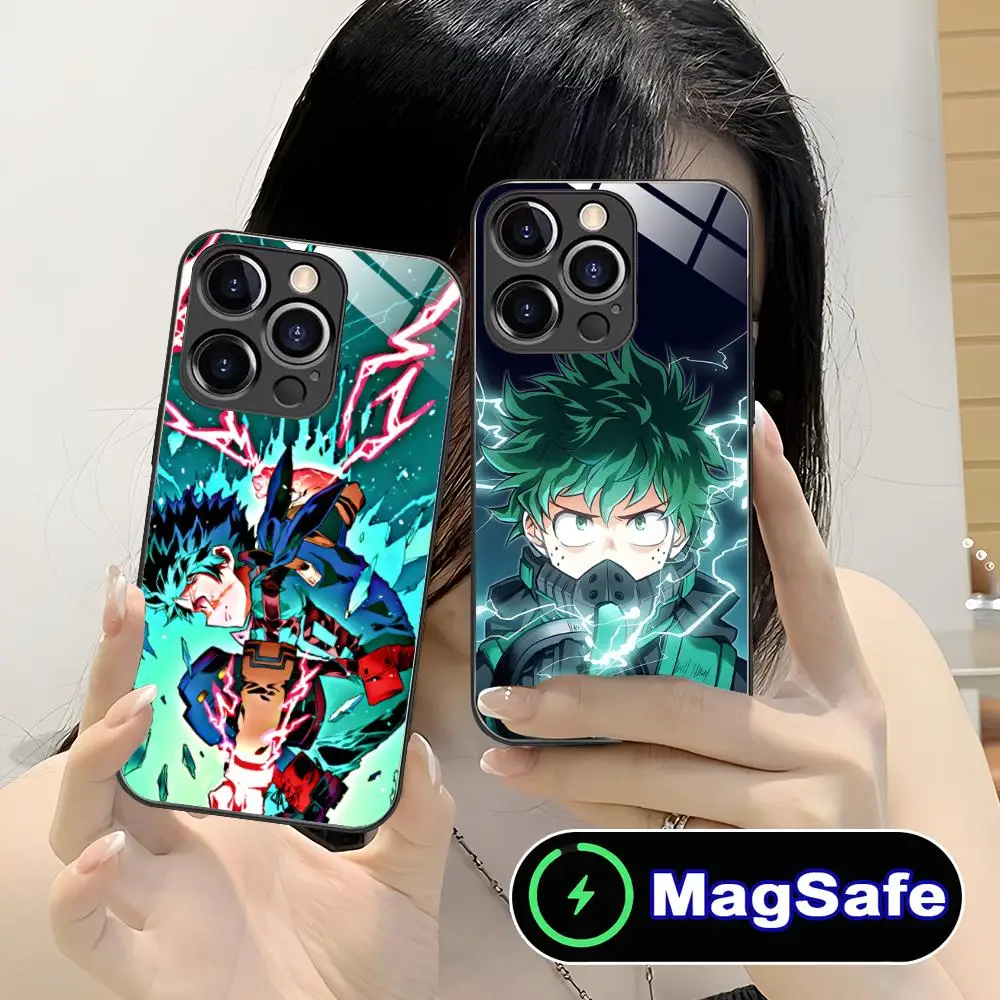 حافظة هاتف My Hero Academia Izuku Deku لهاتف iPhone 16 15 14 13 12 11 Pro Max Plus Mini MagSafe لون زجاجي واقي للهواتف الذكية