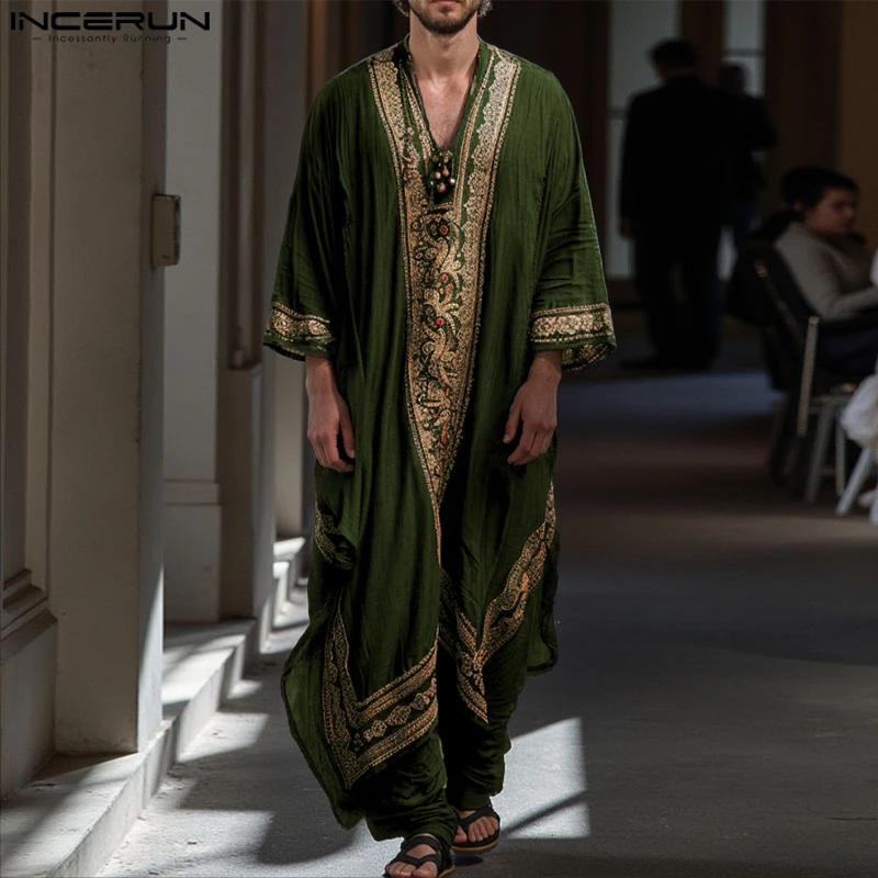 INCERUN Men Jubba Thobe Printing Patchwork V Neck Long Sleeve Male Robes Muslim Kaftan Loose 2025 Arab Casual Men Caftan Abaya