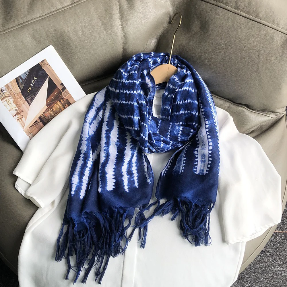 

2023 Fashion Cotton Stripe Pattern Tassel Scarves Shawls Long Tie-dye Muffler Wrap Hijab Free Shipping