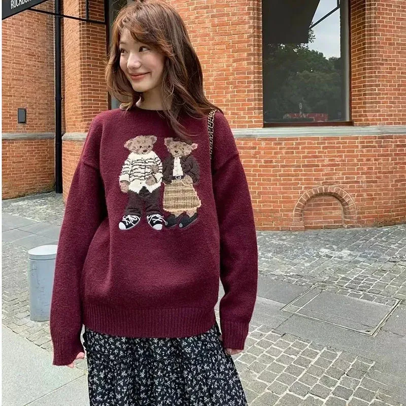 

Весенне-осенний женский новый атмосферный мягкий восковой свитер с мультяшным медведем, женский осенне-зимний удобный мягкий милый пуловер, вязаный топ