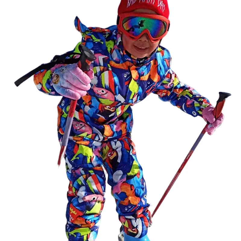 One-Piece Kids Skisuits Hooded Waterproof Windproof Snowboard Boys Snowsuit Winter Skiing Sports Wear Print Overalls Jumpsuits