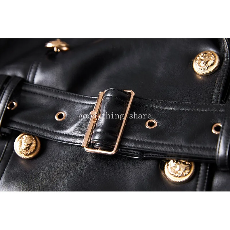 Black PU Leather Long Coats Luxury Design Double Breasted  for Ladies Quality Street Women Trench with Belt