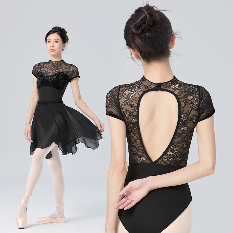 Maillot de Ballet de Encaje Negro para Mujer, Maillot de Danza de Manga Corta, Trajes de Bailarina, Body de Gimnasia para Adultos para Patinaje, Yoga y Danza