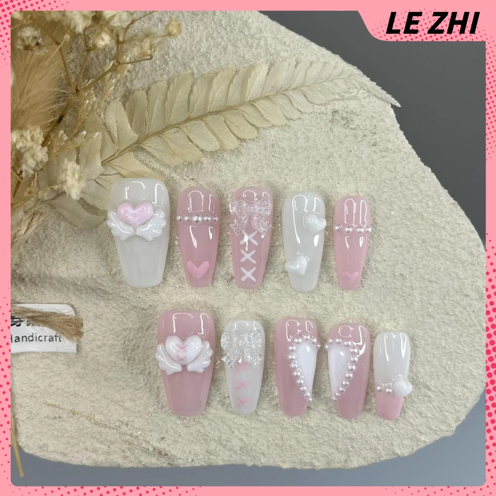 Fashion Lovely Handmade Long Coffin Almond Press On Nails Bowknot Love Pearl Diamond Flower Stars Wings Butterfly Fake Nails