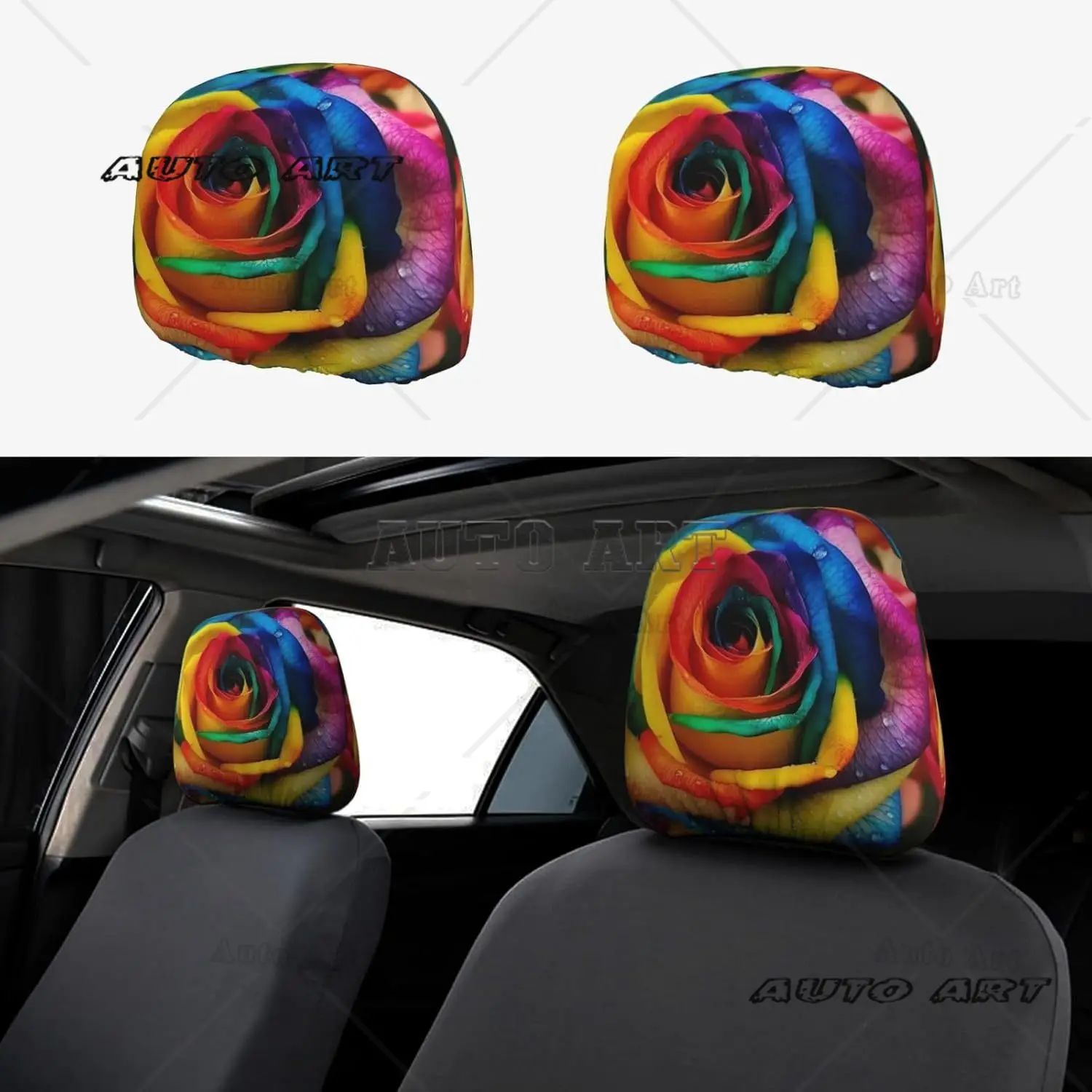 

2 PCS Car Seat Headrest Cover Universal Protection Rainbow Rose Car Head Rest Protector for Auto Front Seat Rest Decoration
