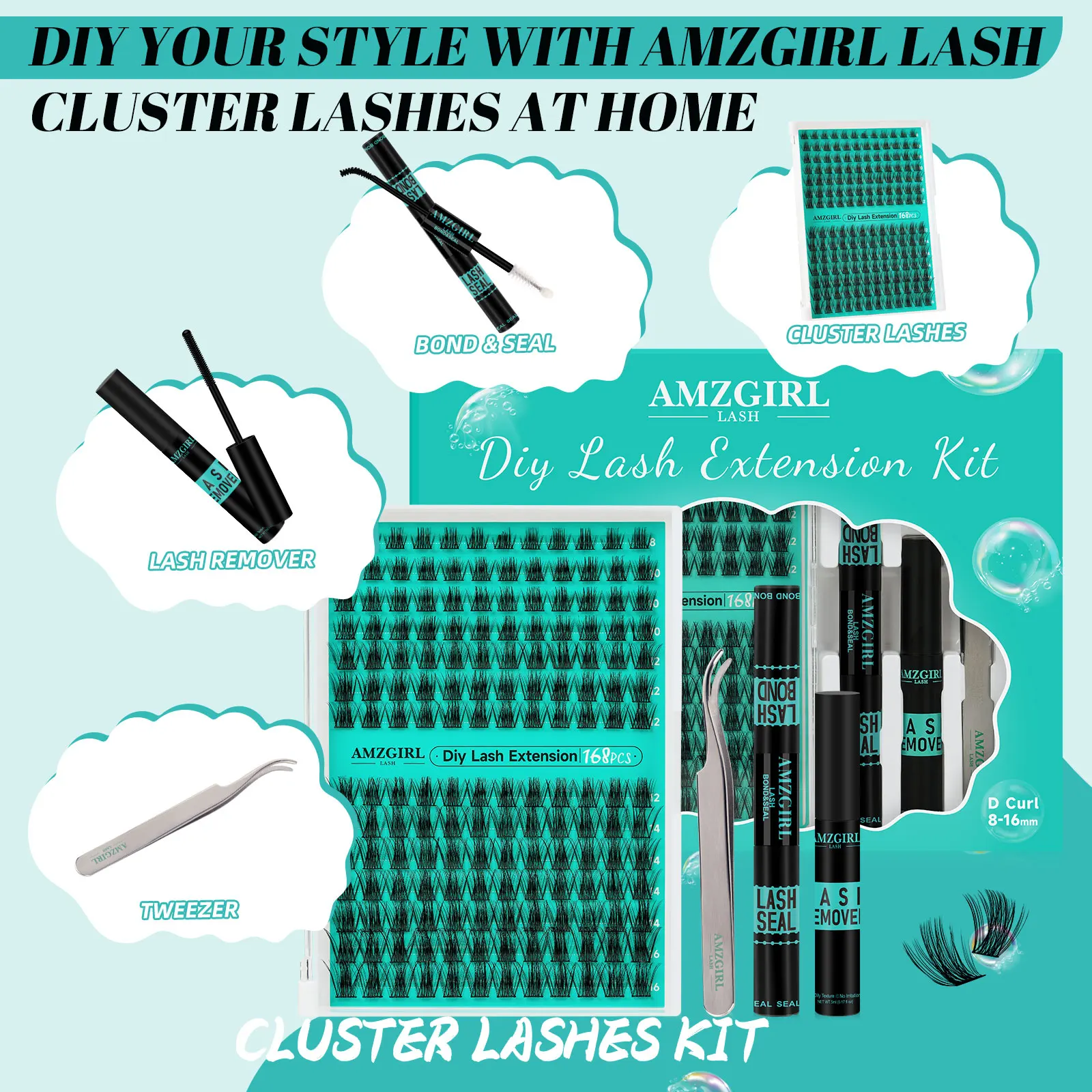 AMZGIRL LASH 168pcs DIY Wimpers Kit Cluster Wimpers D Krul Waterdichte Bond en Seal met Remover Pincet Gemakkelijk aan te brengen Premade Fan