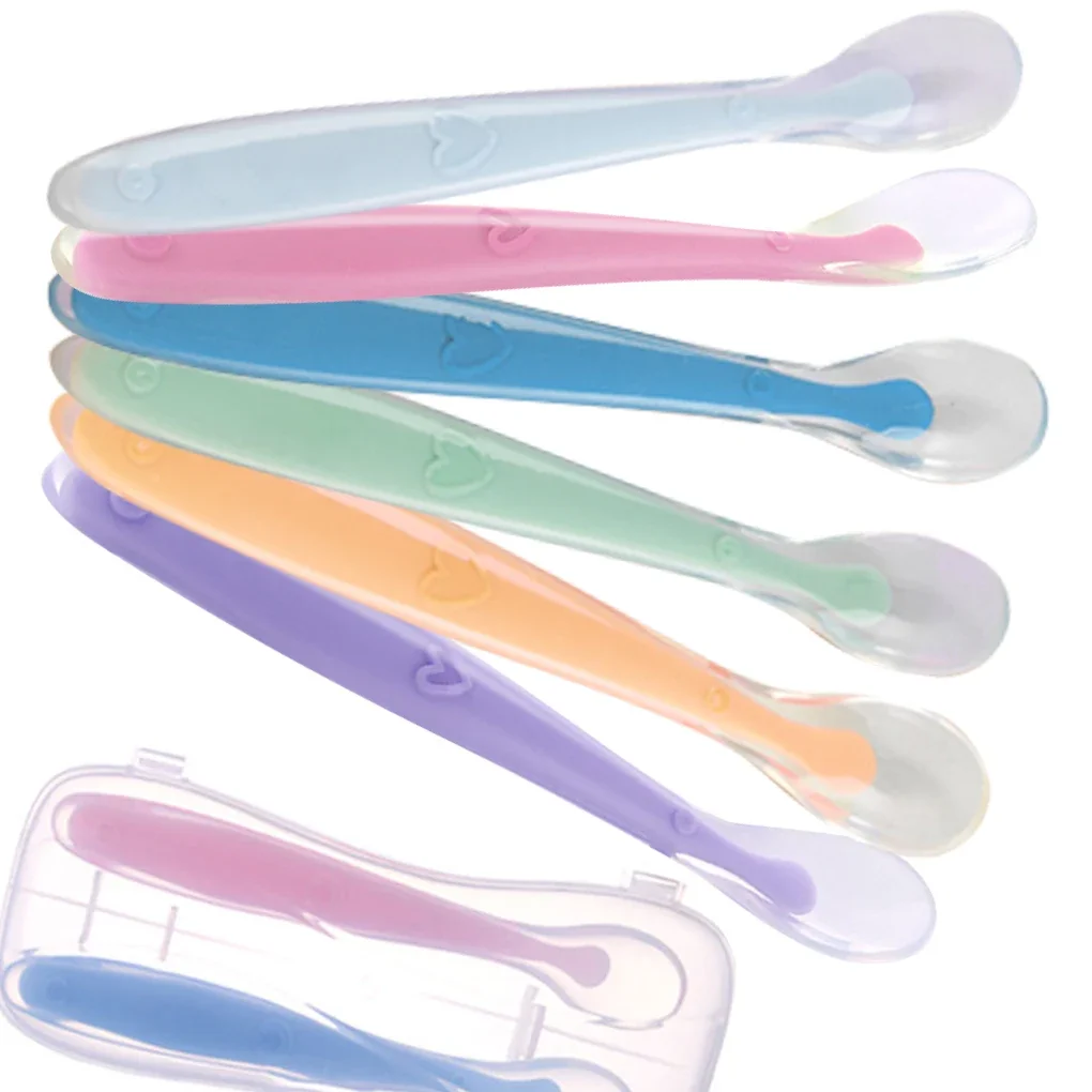 Colher Macia Silicone Do Bebê Treinamento De Alimentação Colheres Para Crianças Bebês Temperatura Sensing Baby Feeding Utensils