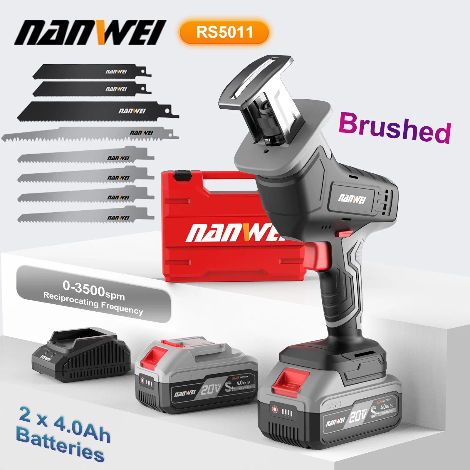 Nanwei 20V Cordless Reciprocating Saw Variable-Speed Electric Saw Portable Saw Suitable for Cutting Wood and Metal