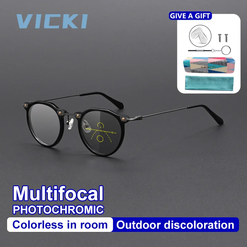 VICKI New Retro Acetate Round Frame Progressive Multifocal Photochromic Blue Light Blocking Glasses Customizable Prescription