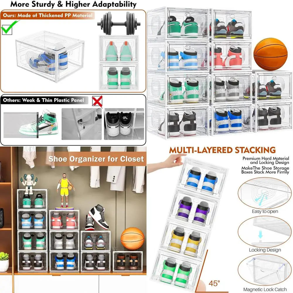 

Stackable Shoe Organizer with Magnetic Closure, Durable Storage for Sneakers and Hats, White