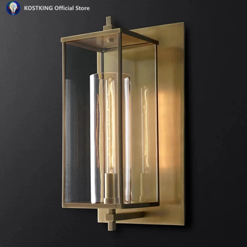 Modern Antique Wall Lamp Solid Brass Grand Square Sconce Waterproof Glass Outdoor Wall Lamps