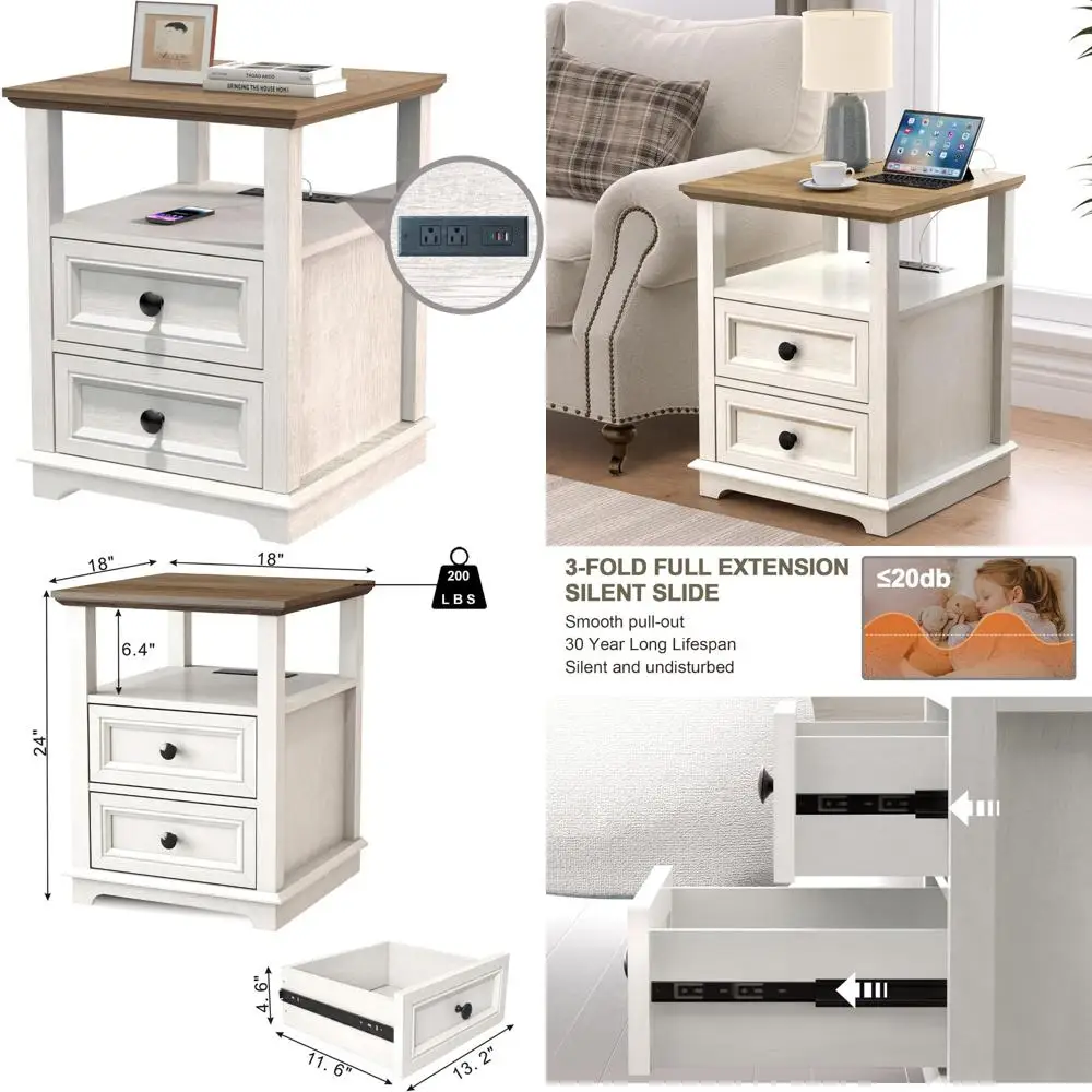USB-C Charging End Table with Storage, 18-inch Wide Sofa Side Table featuring 2 Drawers, Rustic Wooden Square Storage