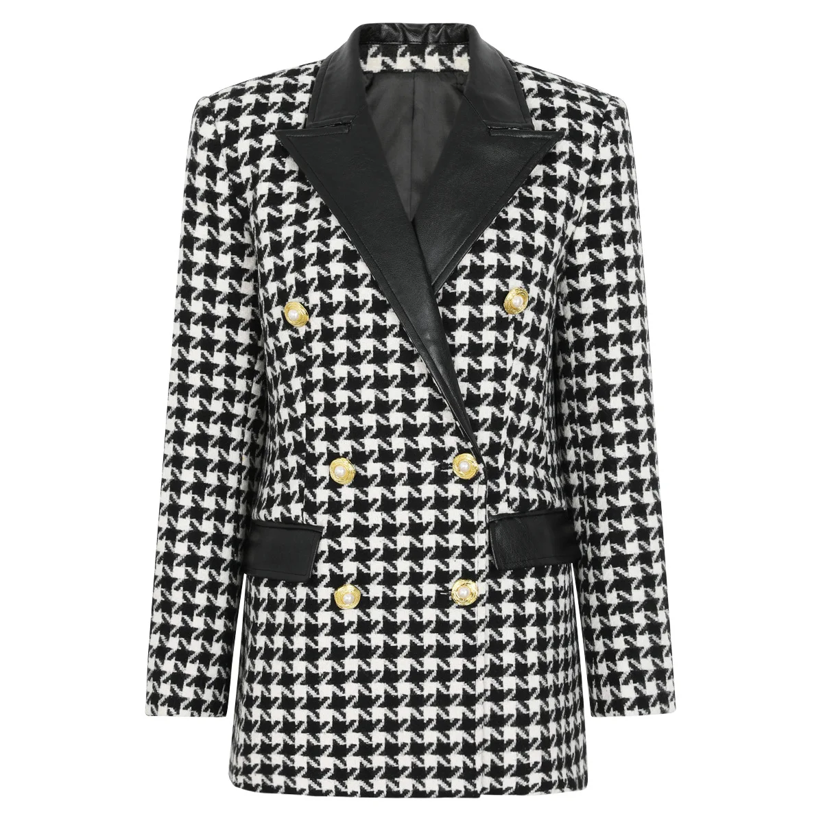 Plaid Slim Women's Blazers Gold Double-breasted Suit Coats Splicing Leather Notched Collar Jackets 2026 Spring Office Lady Tops