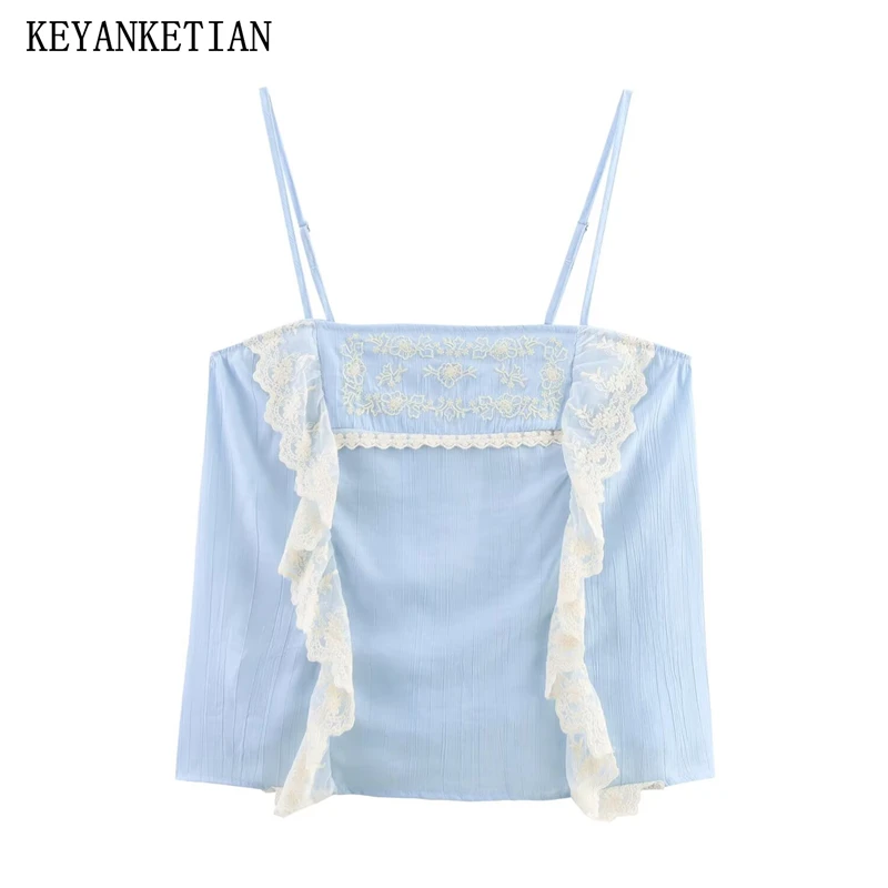 

KEYANKETIAN 2025 Summer New Women's Lace Flower Embroidery Decorated Spaghetti Strap Vest Sweet style Camisole Slash neck Top