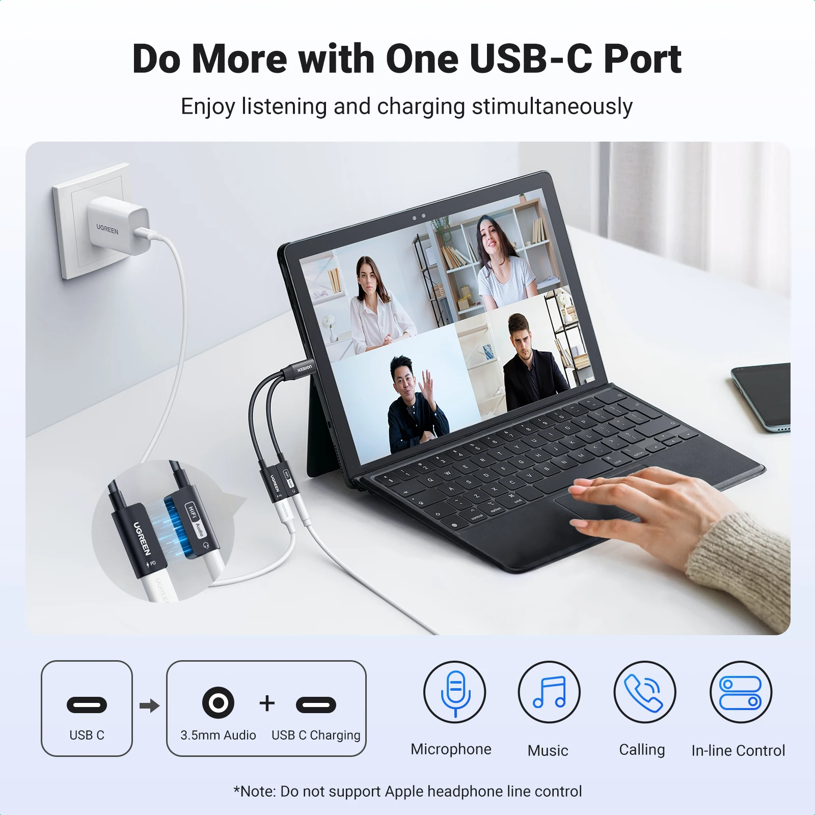 UGREEN Sound Card 2-IN-1 USB C Headphone& Charger Adapter Converter Real Hi-Fi Audio PD QC Charging Sound Card for Headset