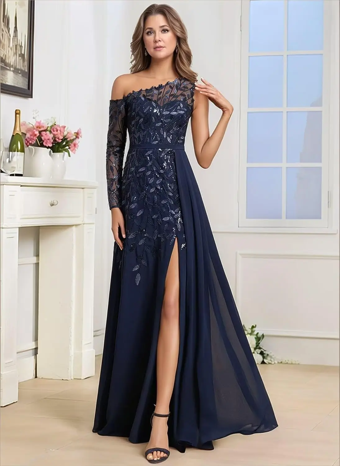 

Sparkly Sequin Mother of The Bride Dresses for Wedding One Shoulder Lace Applique Long Sleeve Formal Evening Gowns