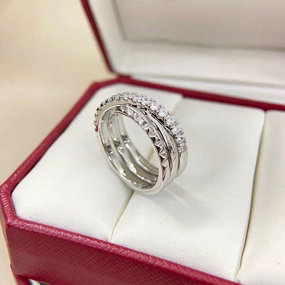 925 Sterling Silver 18K Gold Plated Rivet Style Three-layer Cross Pave AAA Zirconia Ring For Women Fine Jewelry