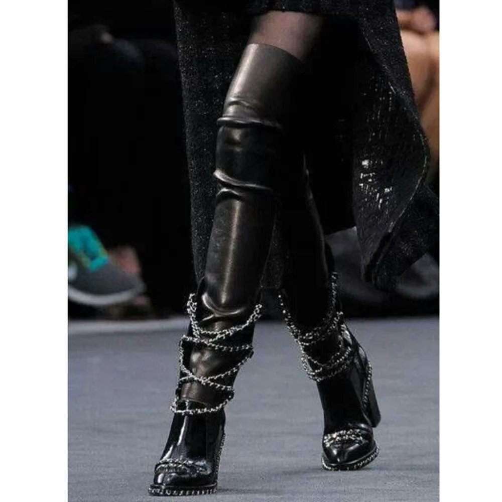 

Black Chain Decor Boots Solid Chunky Heel Thigh High Long High Shoes for Women Cover Toe Wedding Shoes 2025 Zapatillas Mujer