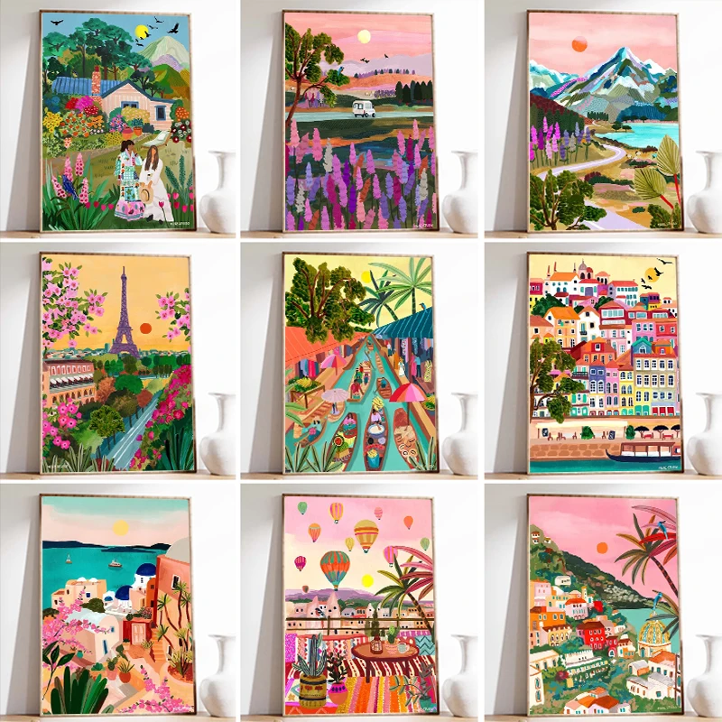 Pósteres e impresiones coloridos De pintura en lienzo De ciudad De montaña De viaje, imágenes artísticas De pared De paisaje abstracto para el hogar y la sala De estar