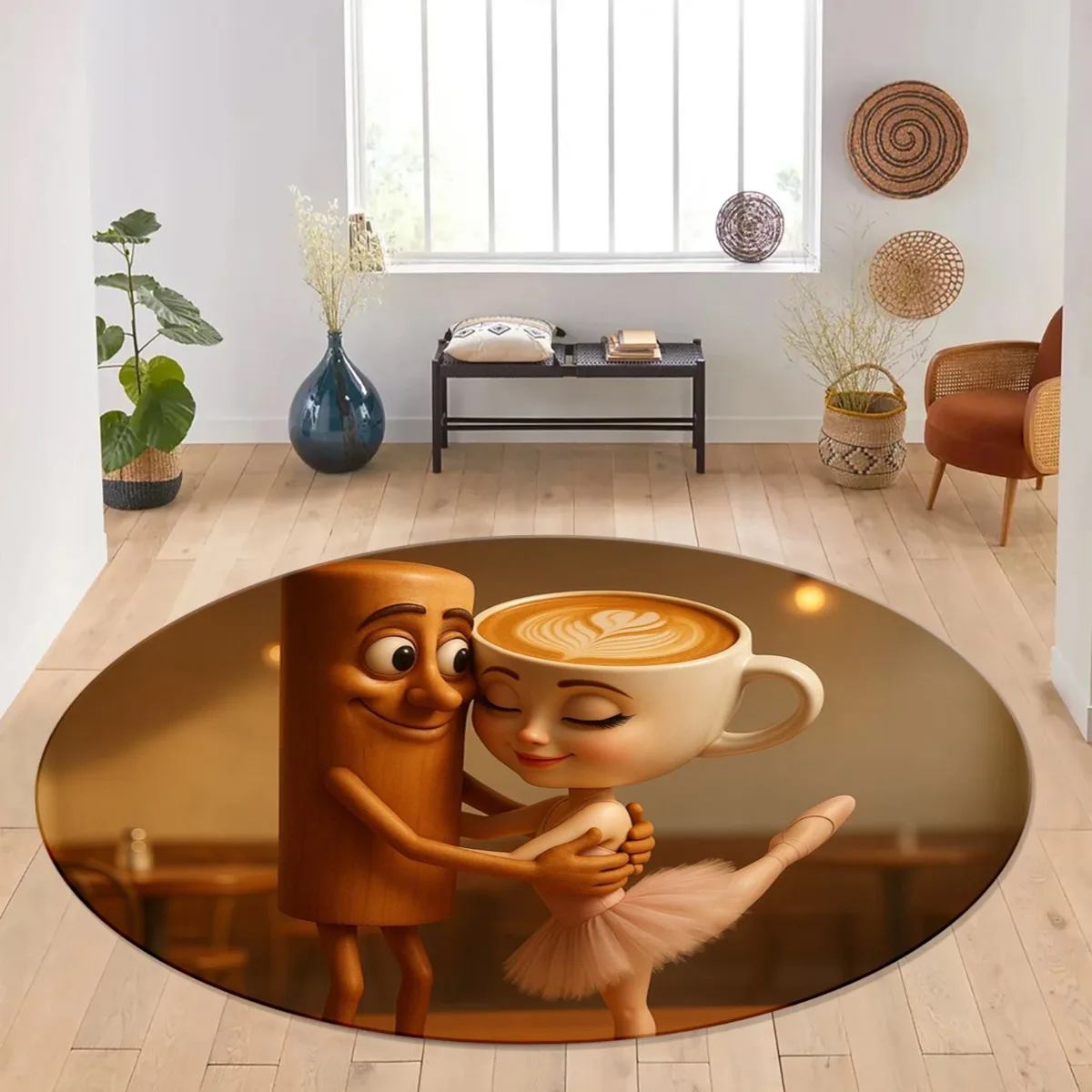 Abstract Cartoon Pen Holder Cappuccino Round Rug, Non-slip Floor Mat for Living Room, Bedroom, Bathroom, Holiday Home Decoration