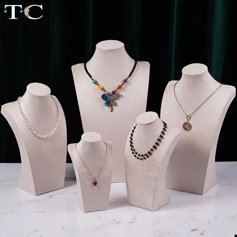 Luxurious Beige Fabric Jewelry Display Mannequin Essential Necklace Display Stand for Jewelry Stores Available In Multiple Sizes