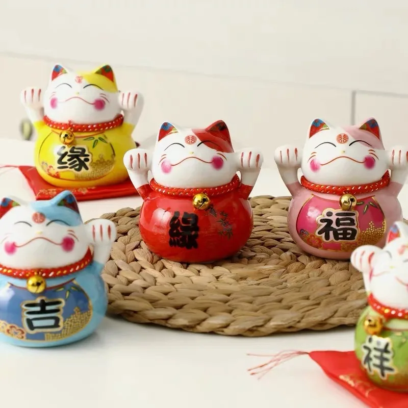 4-Inch Ceramic Maneki-Neko (Lucky Cat) Coin Bank Japanese-style Cartoon Beckoning Cat Figurine Good-Luck Crafts for Shops