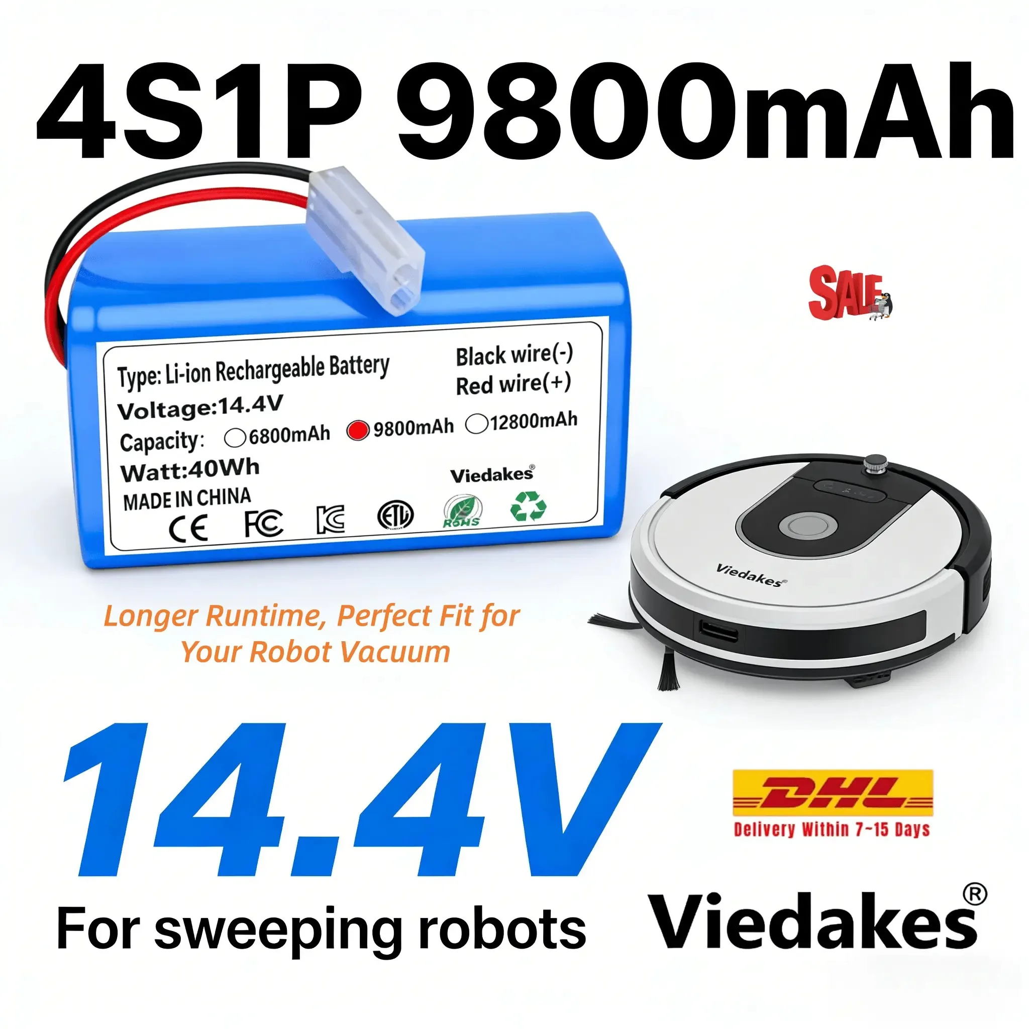 

Литий-ионный аккумулятор 4S1P 14.4V 9800mAh, для робота-пылесоса XIAOMI MIJIA Mi Robot Vacuum-Mop Essential G1 MJSTG1, SKV4136GL H18650CH R30 R35