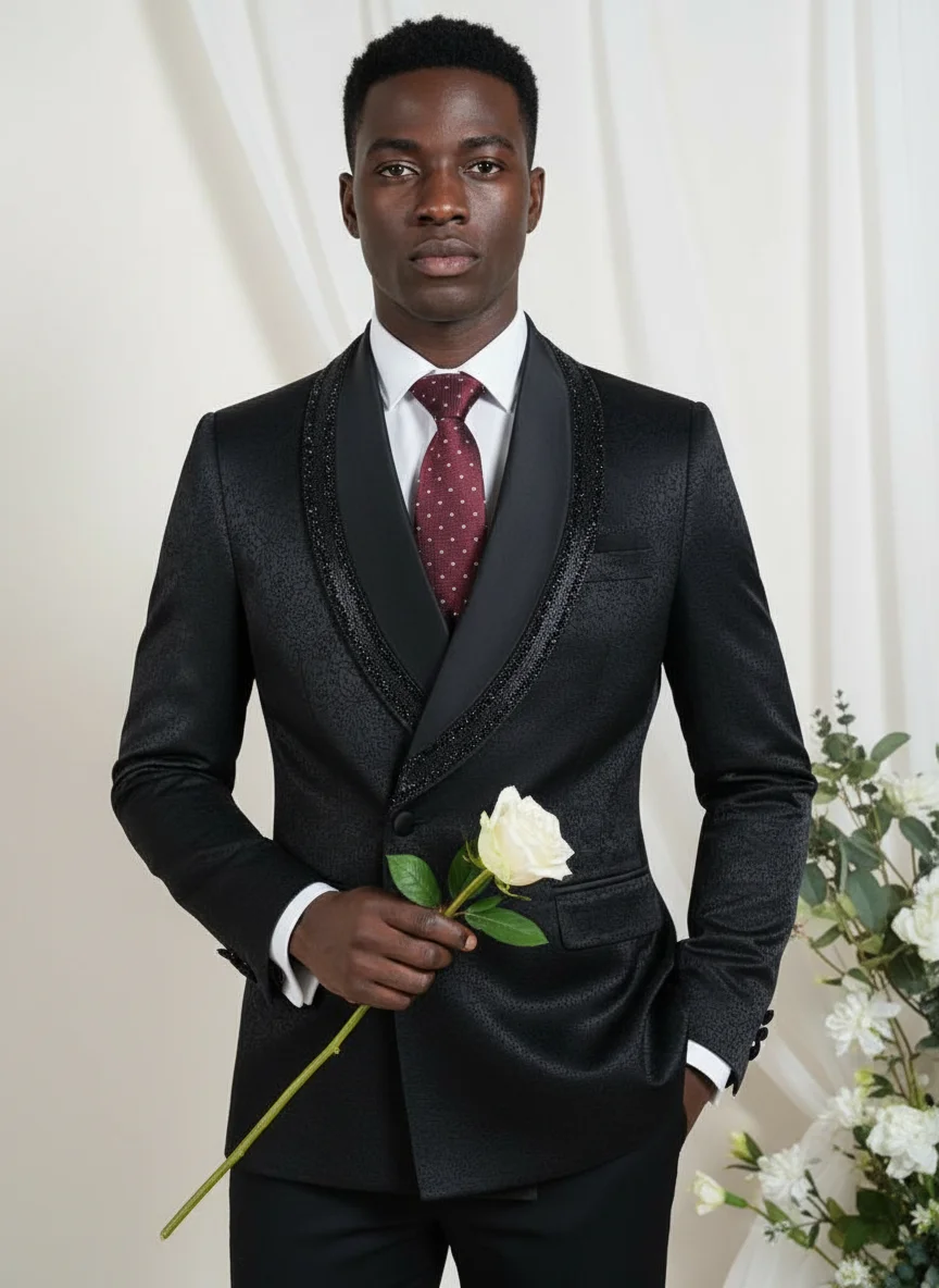 بدلة رجالية فاخرة وعصرية بياقة من حجر الراين وشال وطية صدر السترة بدلة زفاف سوداء مكونة من قطعتين مأدبة سهرة للعريس #2