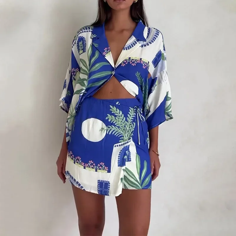 Matching Sets Two Pieces High Waist Print Shorts Short Sets Single Breasted Turn Down Collar Blouses Casual Pockets Autumn