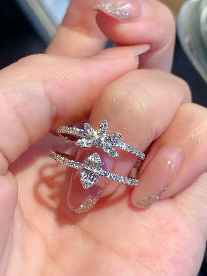 New Fashion Double Layer Opening Ring 925 Stamp Super Flash Micro Inlaid Zircon Ring Sweet Wedding Birthday Party Gift