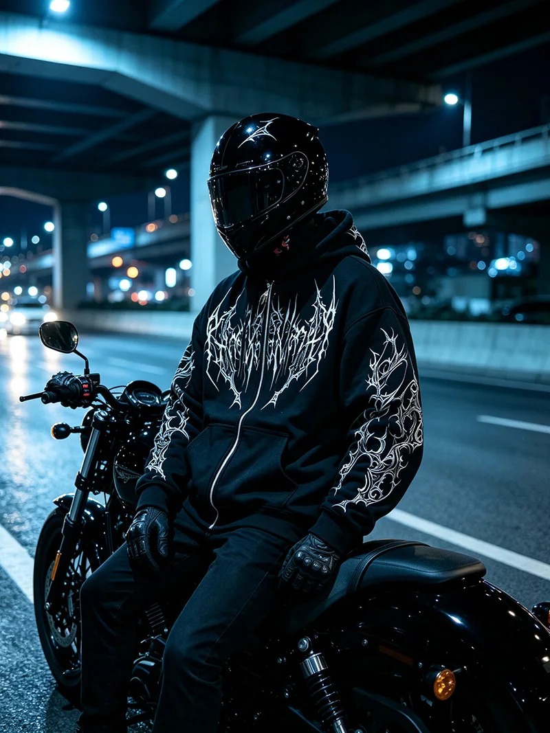 Herren Alt Gothic Zip-Up Hoodie Y2k High Street American Style Dunkler Dornen-Print Fleece-gefütterter Loser Biker Herbst-Winter-Sweatshirt – Detail 3